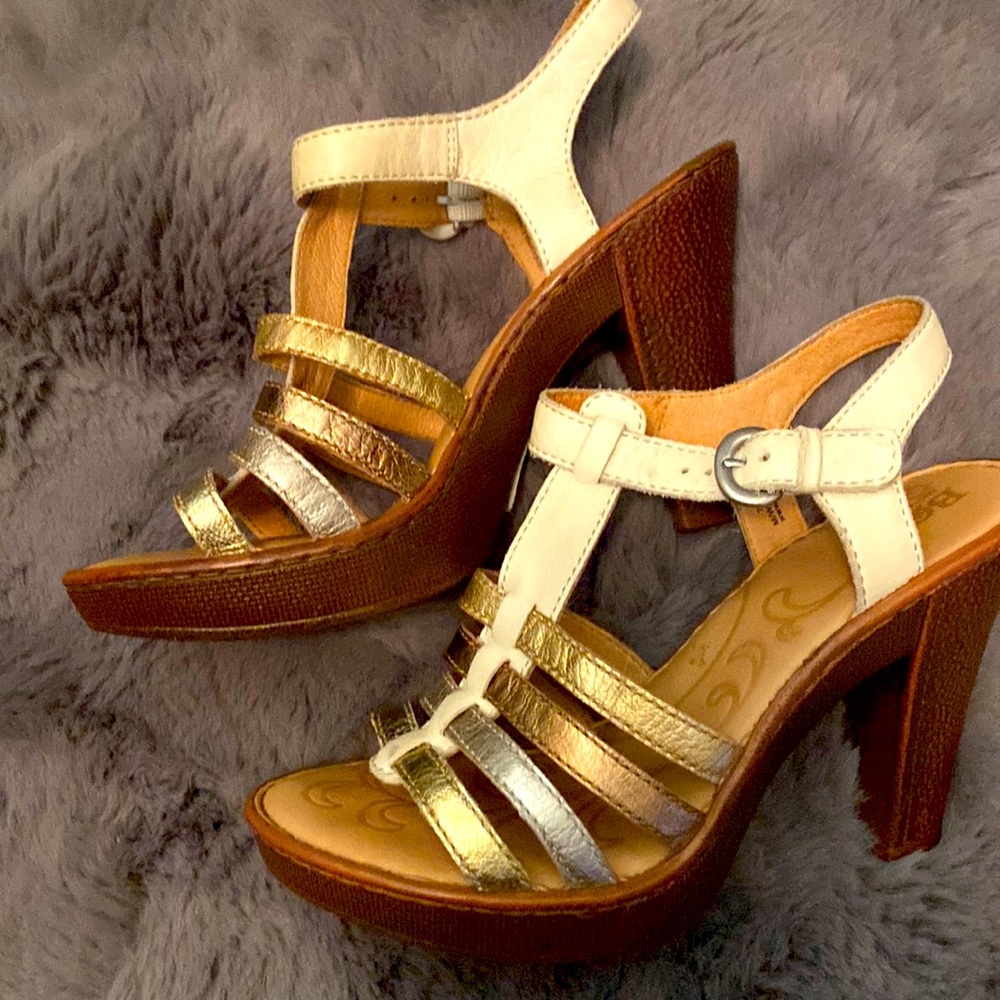 Born 7.5 4” heels. White, gold, bronze, silver leather straps.